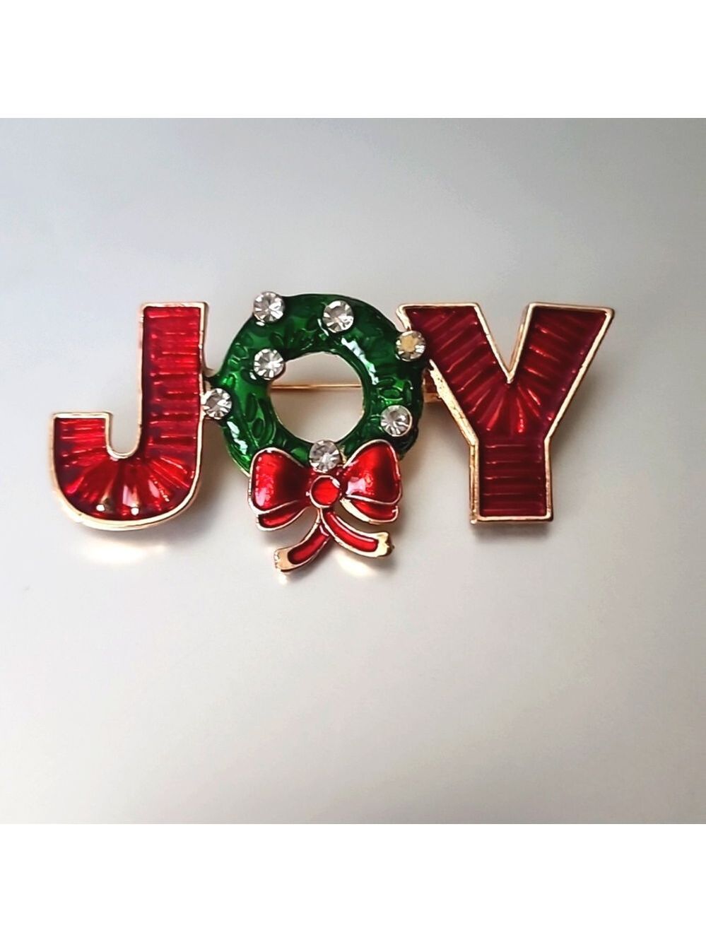 Brooch Christmas Pearlized JOY Pin Rhinestones GOLD Tone